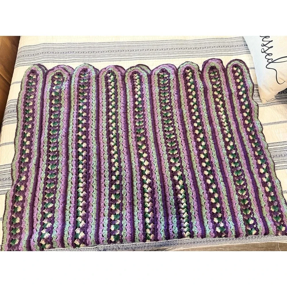 Crocheted Afghan Purple Green Cream Mile A Minute Pattern Handmade Grannycore